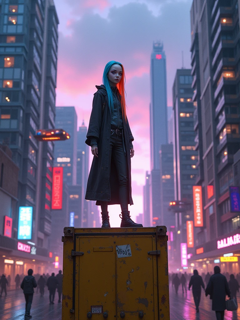 A futuristic scene in a city at dusk, right at 5 pm, with tall skyscrapers of modern architecture and neon lights that begin to illuminate the streets. Flying vehicles fly through the sky, and pedestrians in technological clothing stroll along the sidewalks. In the center of the scene, A human-like alien female is standing on a rusty yellow metal container. Despite being 60 Earth years old, In her race she looks like a 16 year old human girl. He has one purple eye and the other red., with long, straight hair that starts blue at the roots and turns orange at the tips. She is 150 cm tall and her posture reflects confidence in this cyberpunk and slightly dystopian environment..The camera is located 50 cm away from her and only 10 cm from the floor, Capturing the scene from a low angle that highlights the magnitude of the city behind it and its presence in the surroundings. The sky is partly cloudy, with purple and blue tones, while the city around them seems to come alive in the golden hour.This prompt captures not only the mood and character, but also a unique cinematic perspective that adds dynamism and depth to the scene..