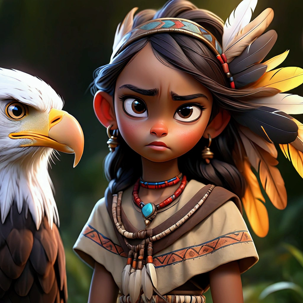 1girl, indigenous girl child, feather crown, cinematic lighting, high resolution, film grain, depth of field, vibrant colors, beautiful detailed eyes, beautiful detailed lips, extremely detailed face and features, delicate features, long hair, eagle on shoulder looking forward, playing with child, joyful expression, delicate ears with earrings, detailed eyebrows, (best quality,4k,8k,highres,masterpiece:1.2),ultra-detailed,(realistic,photorealistic,photo-realistic:1.37),digital art, hyper detailed, colorful, stunning