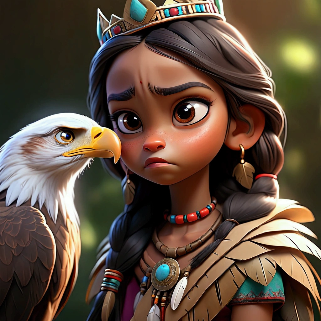 1girl, indigenous girl , feather crown, cinematic lighting, high resolution, film grain, depth of field, vibrant colors, beautiful detailed eyes, beautiful detailed lips, extremely detailed face and features, delicate features, long hair, eagle on shoulder looking forward, playing with childful expression, delicate ears with earrings, detailed eyebrows, (best quality,4k,8k,highres,masterpiece:1.2),ultra-detailed,(realistic,photorealistic,photo-realistic:1.37),digital art, hyper detailed, colorful, stunning