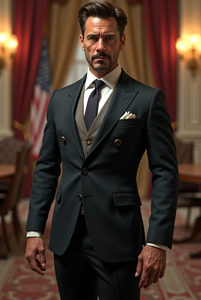 Make a gentleman pic of ironman wearing court pant in iron suit. I need real pic not anime characters
