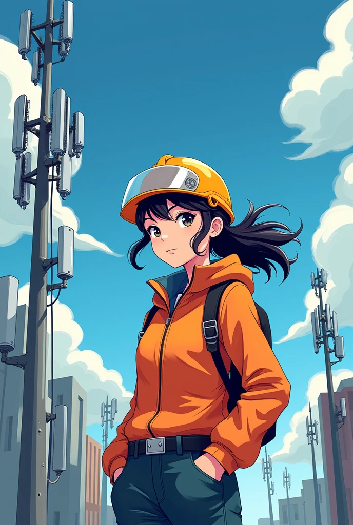 Cree une image d'une fille en dessin anime,portant un casque de protection,supposons qu'elle est une ingenieure en telecommunication,le fond de l'image est des BTS