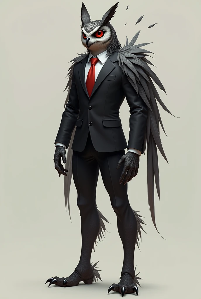 Create a full body image of a Demi-human person with owl features, without wings and with a few feathers on its body with a human face and red eyes with a black suit and a red tie and split eyes and with human legs but when you reach the heel you can see owl claws