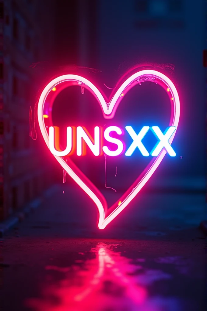 I want a neon image of a heart and inside it letters that say UNSXX in red and blue colors