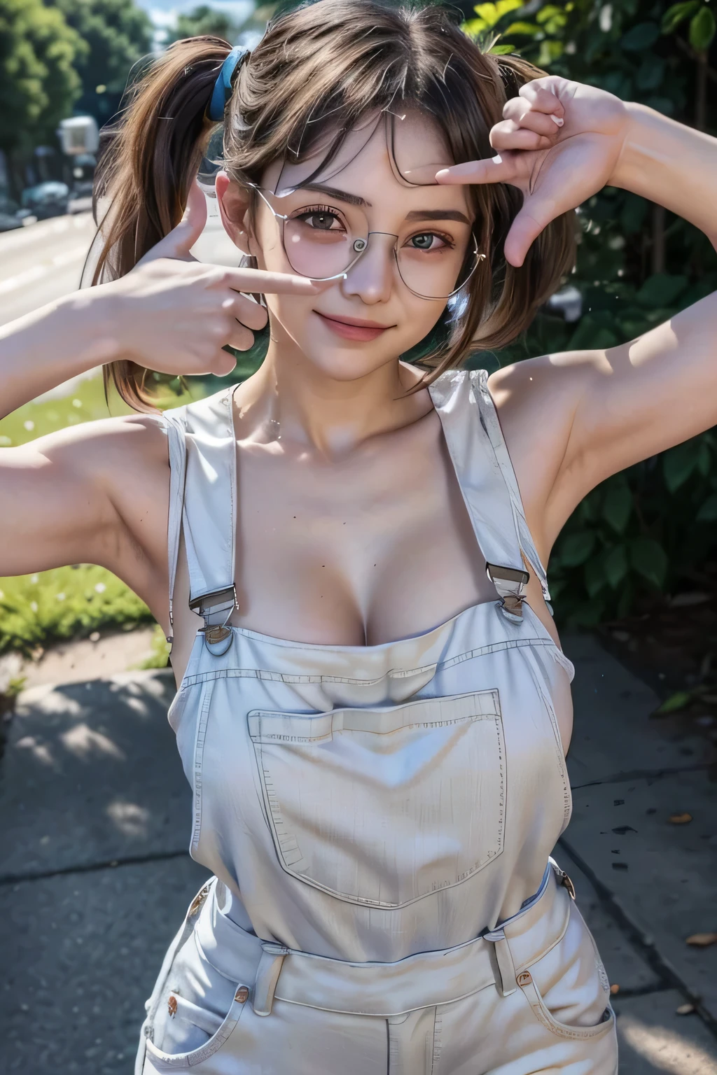 1 Girl, Turkish, Beautiful, , 20 Years Old, White Skin, Cleavage, Sleeveless, ((White Overalls Outfit)), ((muscles:1.1)), Cinematic Lighting, Bright Backlight, Bokeh, Dark Hair, Smile, Twintails, Perfect Body Anatomy, ((breastssize:1.3)), ((masterpiece:1.1)), ((adorable:1.1)), Frameless Fashion Glasses, Finger Frame Poses, perfect hands