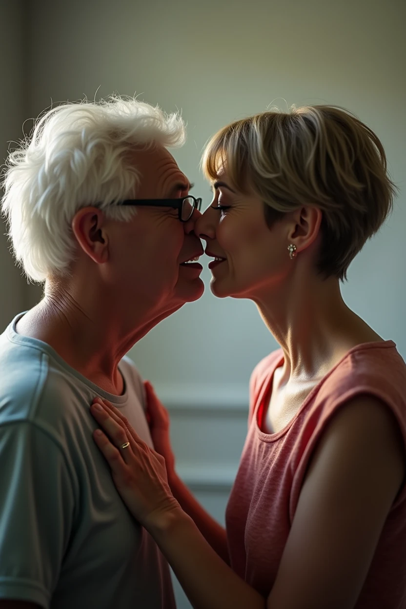 A short man having sex with an elderly woman with short hair and glasses
