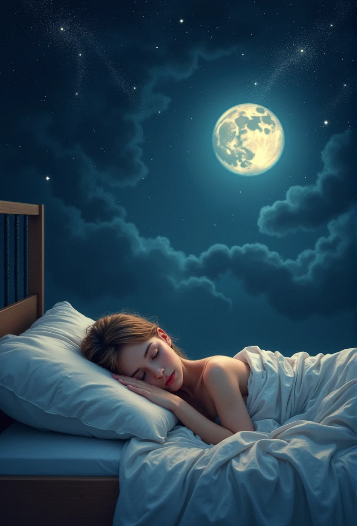 (Peaceful Dreams,夜のTranquility,Tranquility,peaceful sleep),(Highest quality,Very detailed,Realistic),(Painting),(Shining Star,Gentle moonlight),(Soft pillow,Comfortable bed,Dreamy atmosphere),(Tranquility,Luxurious sleep),(Peaceful and serene),(Subtle colors,Dark and warm tones),(Soft and diffuse lighting)