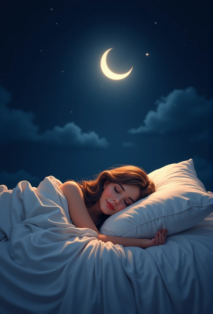 (Peaceful Dreams,夜のTranquility,Tranquility,peaceful sleep),(Highest quality,Very detailed,Realistic),(Painting),(Shining Star,Gentle moonlight),(Soft pillow,Comfortable bed,Dreamy atmosphere),(Tranquility,Luxurious sleep),(Peaceful and serene),(Subtle colors,Dark and warm tones),(Soft and diffuse lighting)