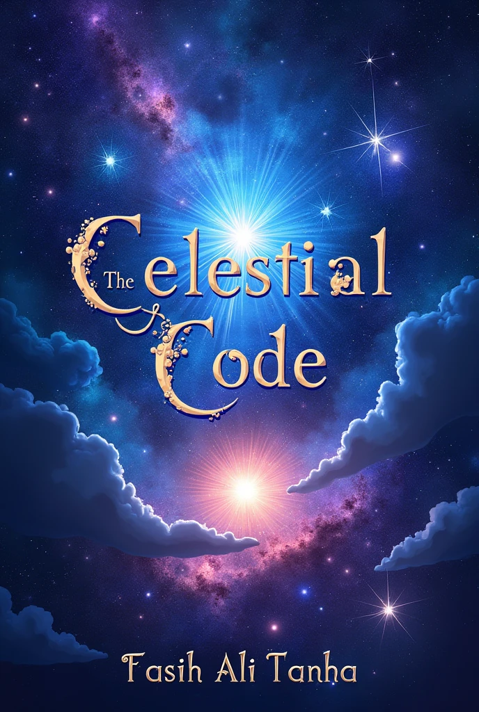 I want to create a book cover with name celestial code on it author by fasih Ali Tanha, I want the image to be in blue to purple colour show images of stars and sun in the background and some celestial illustration 