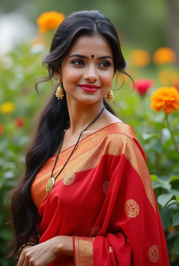 A 31 Indian women, in a red designer saree,beautyfull face,light skin color,shy smile,looking at viewer,jhumka in ears,poney tail hair style,day light,glowing skin,black bindi in her forhead,flower garden background,full body,8k,ultra detailed