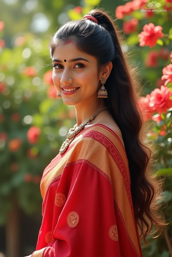 A 31 Indian women, in a red designer saree,beautyfull face,light skin color,shy smile,looking at viewer,jhumka in ears,poney tail hair style,day light,glowing skin,black bindi in her forhead,flower garden background,full body,8k,ultra detailed