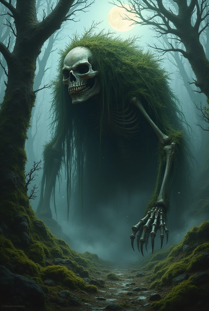 Skeleton covered in moss and dirt as a forest monster in a misty forest at night
