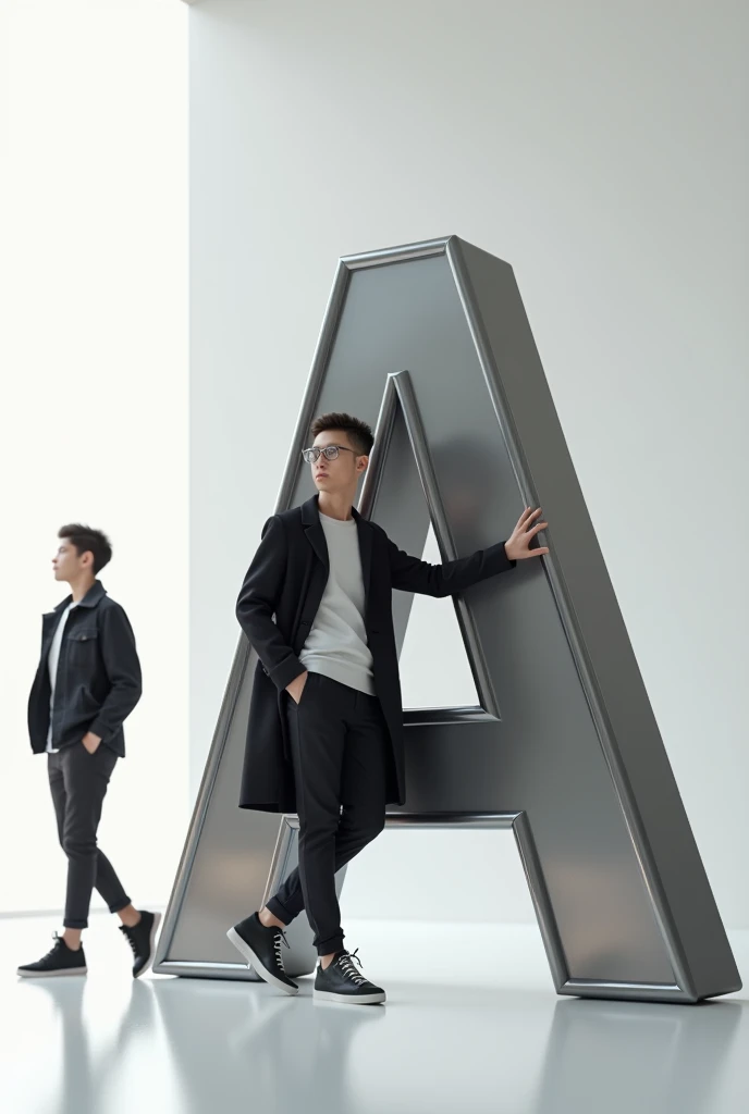 @Ariyan Emon:Create an image featuring a large, glossy, “A” 3D letter in the foreground with a boy leaning casually against it. The person should be dressed in stylish, monochromatic clothing and have a confident