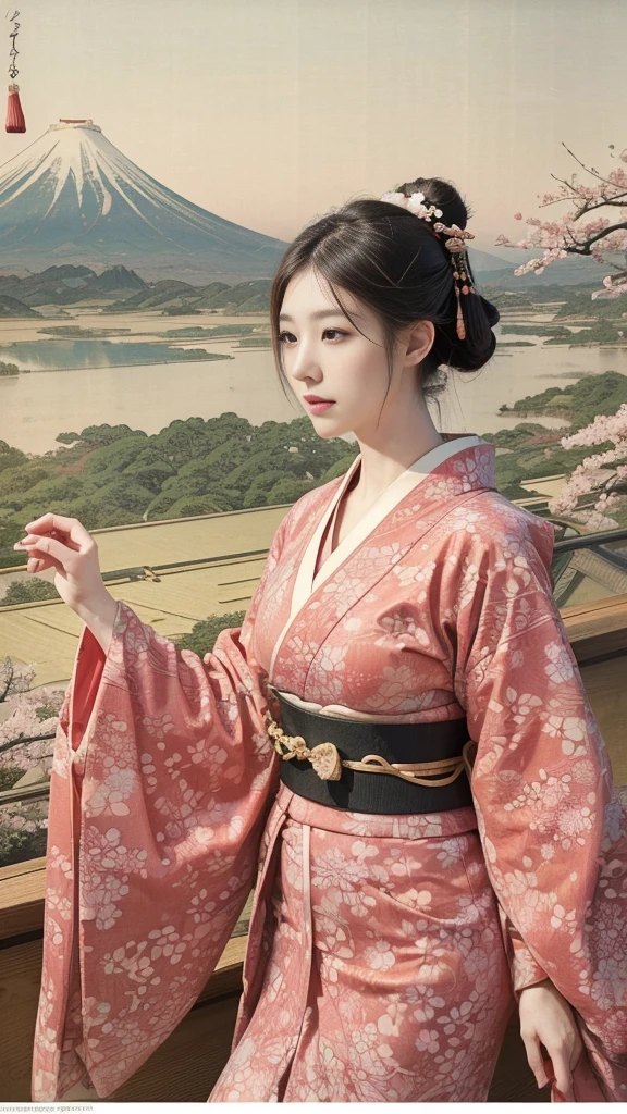(background:Cherry blossoms on the mountain are covered with mist)((Ukiyo-e))japanese art,or period,tokyo art, lily,Natural landscape.(masseter membrane、top quality、Ukiyo-e style、mystery、Exquisite and beautiful、official art、Sharaku:1.2)、(1 japanese girl in:1.3)、(fractal art:1.3)、cowboy shooting、White skin、(beautiful brunette、kimono:1.2)、With Japanese traditional performing arts as the background、colorful、(reel、Belongs to Japanese style:1.2)、