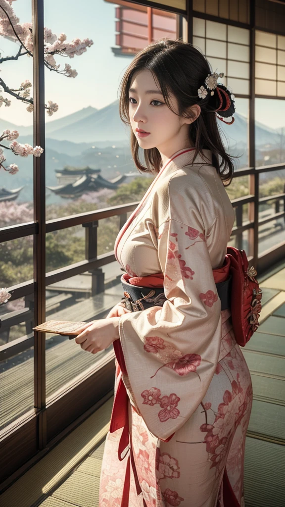 (background:Cherry blossoms on the mountain are covered with mist)((Ukiyo-e))japanese art,or period,tokyo art, lily,Natural landscape.(masseter membrane、top quality、Ukiyo-e style、mystery、Exquisite and beautiful、official art、Sharaku:1.2)、(1 japanese girl in:1.3)、(fractal art:1.3)、cowboy shooting、White skin、(beautiful brunette、kimono:1.2)、With Japanese traditional performing arts as the background、colorful、(reel、Belongs to Japanese style:1.2)、