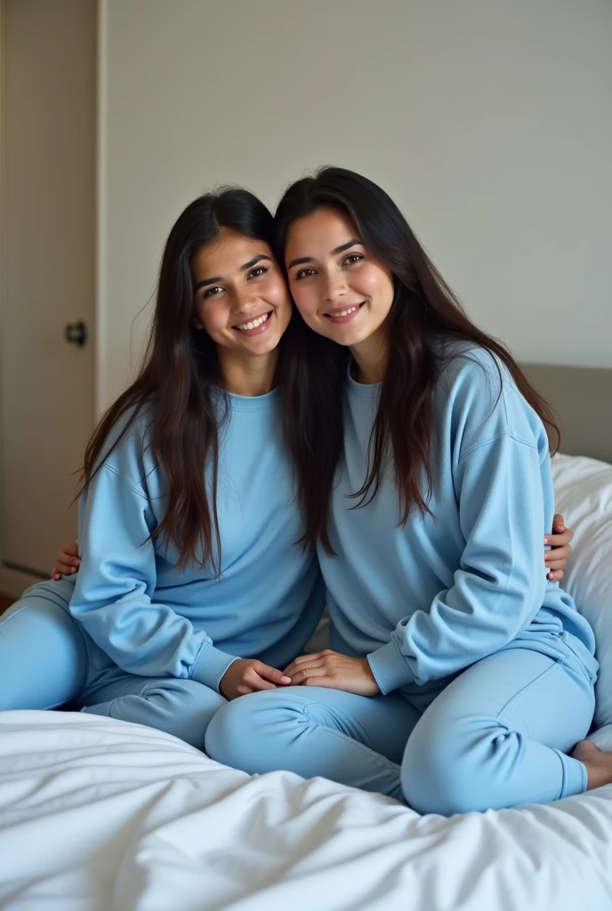 A 25-year-old, 70-kilo Brazilian woman with long, straight dark hair and a blue sweatshirt, in pajamas sitting on a white bed with her friend next to her, full body background room