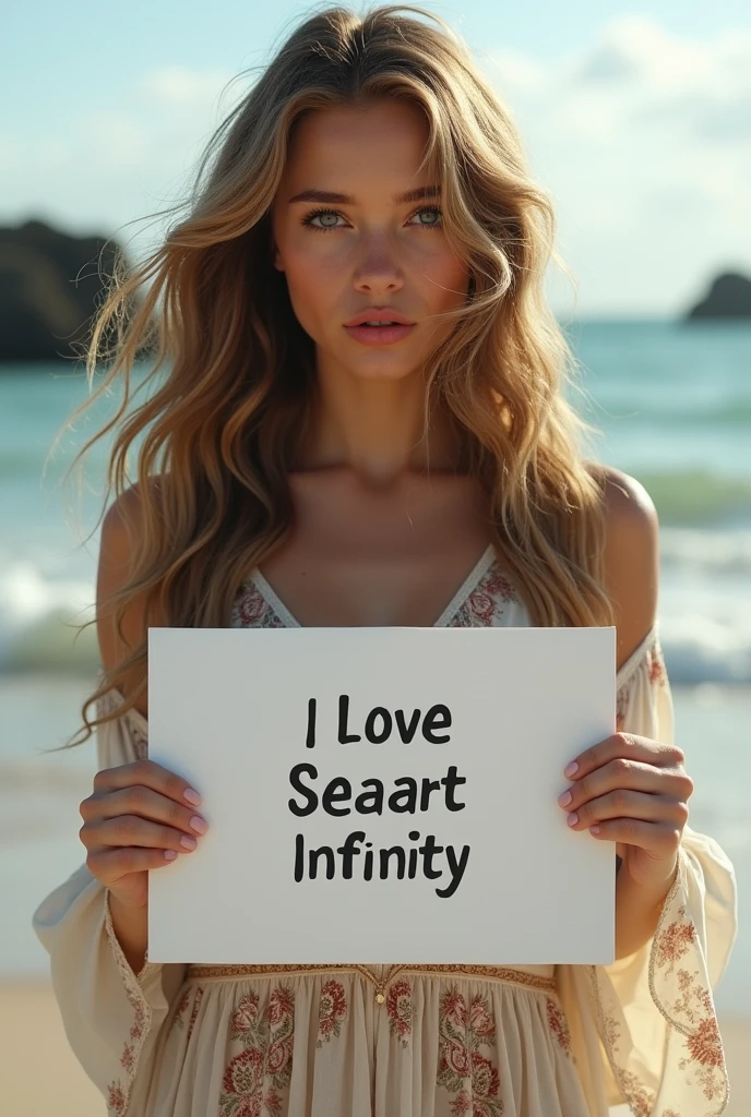 Beautiful girl with wavy long hair, bohemian dress, holding a white board with text "I Love Seaart Infinity" and showing it to the viewer boca aberta