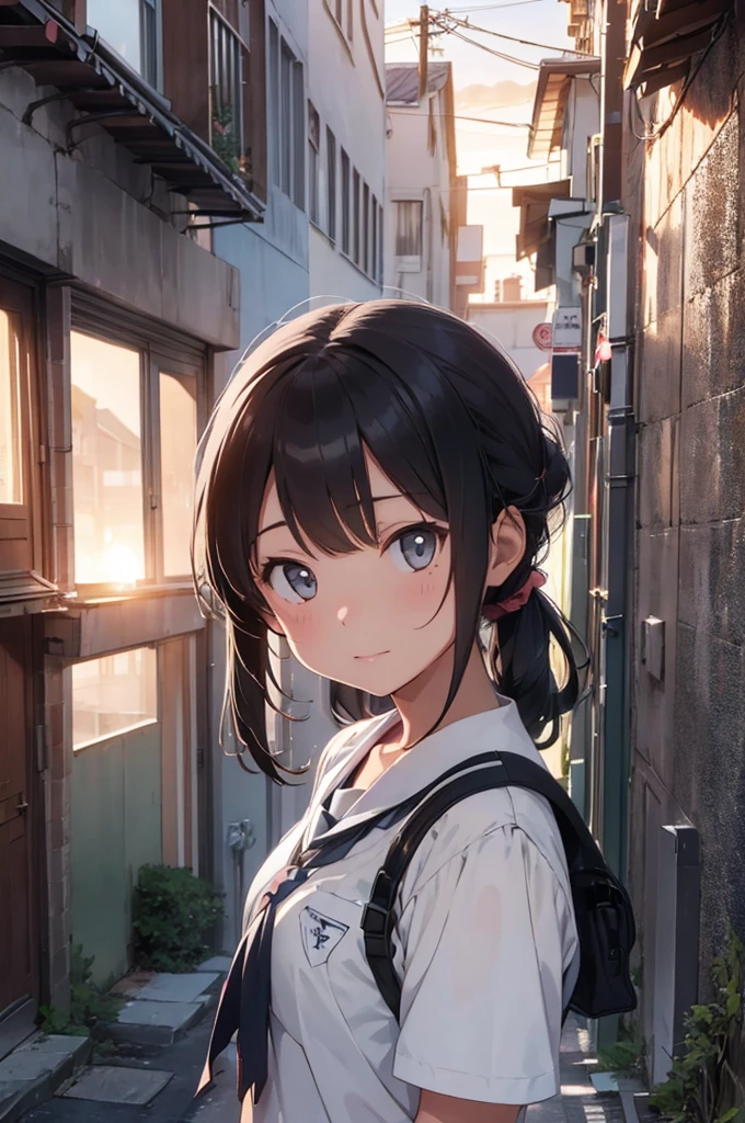 one girl wearing school uniform, grey cat on top of her, alleyway, sunset