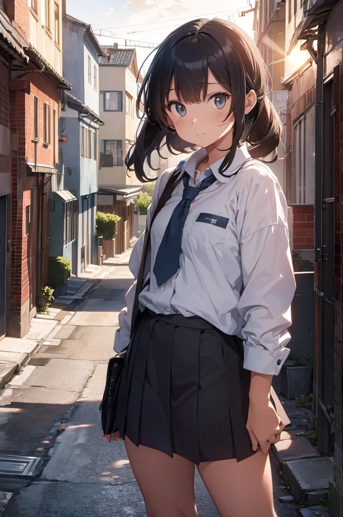 one girl wearing school uniform, grey cat on top of her, alleyway, sunset