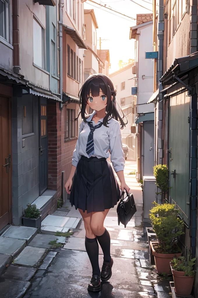one girl wearing school uniform, grey cat on top of her, alleyway, sunset