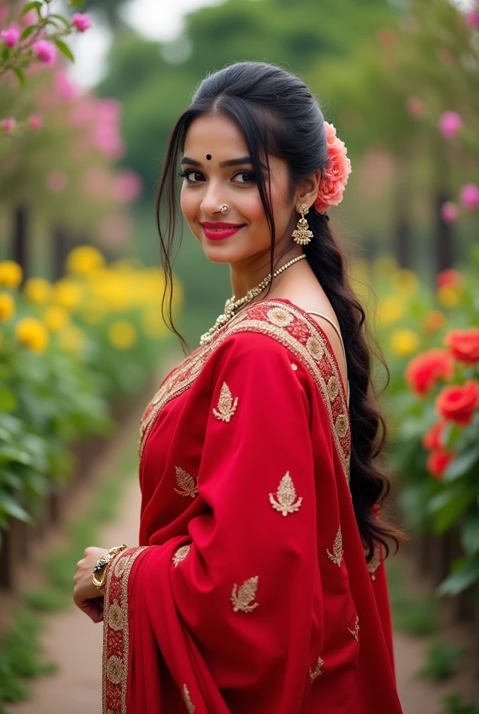 A 35Indian women, in a red designer saree,beautyfull face,light skin color,shy smile,looking at viewer,jhumka in ears,poney tail hair style,day light,glowing skin,black bindi in her forhead,flower garden background,full body,8k,ultra detailed