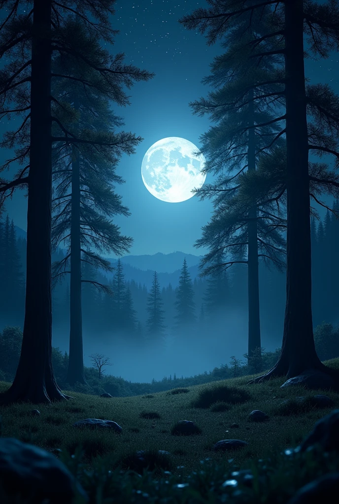 A landscape at night with moon and trees