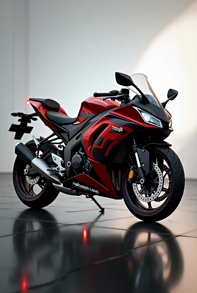 A Kawasaki Ninja 300 motorcycle painted on both sides, one side black and the other red with a geometric and blurred design