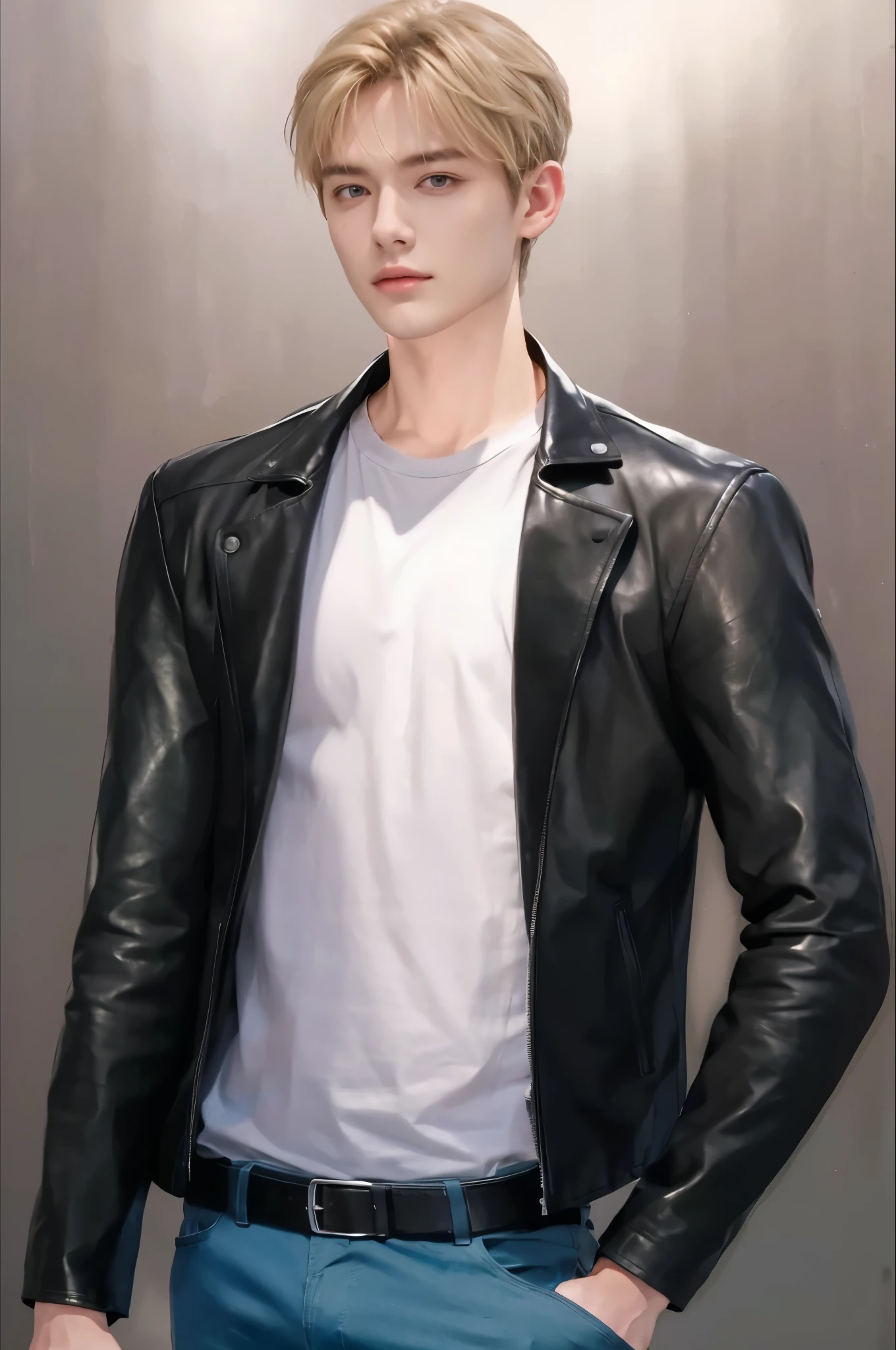 4k, high resolution, best quality, masterpiece, perfect color, perfect shade, perfect lighting, Posted by e621, ((portrait)), ((handsome man)), perfect male figure, Short hair details,Detailed face, perfect face, (stood up), Detailed background, ((Bonifasco Lighting)),blonde hair, wearing black leather jacket, red eyes,