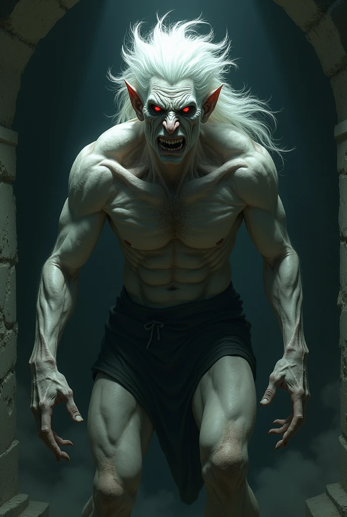 White skinned male character, red-eyed, white hair and has the appearance of a wild and evil man, looking like he spent 20 years locked in a dungeon around the age of 40, but with strong legs