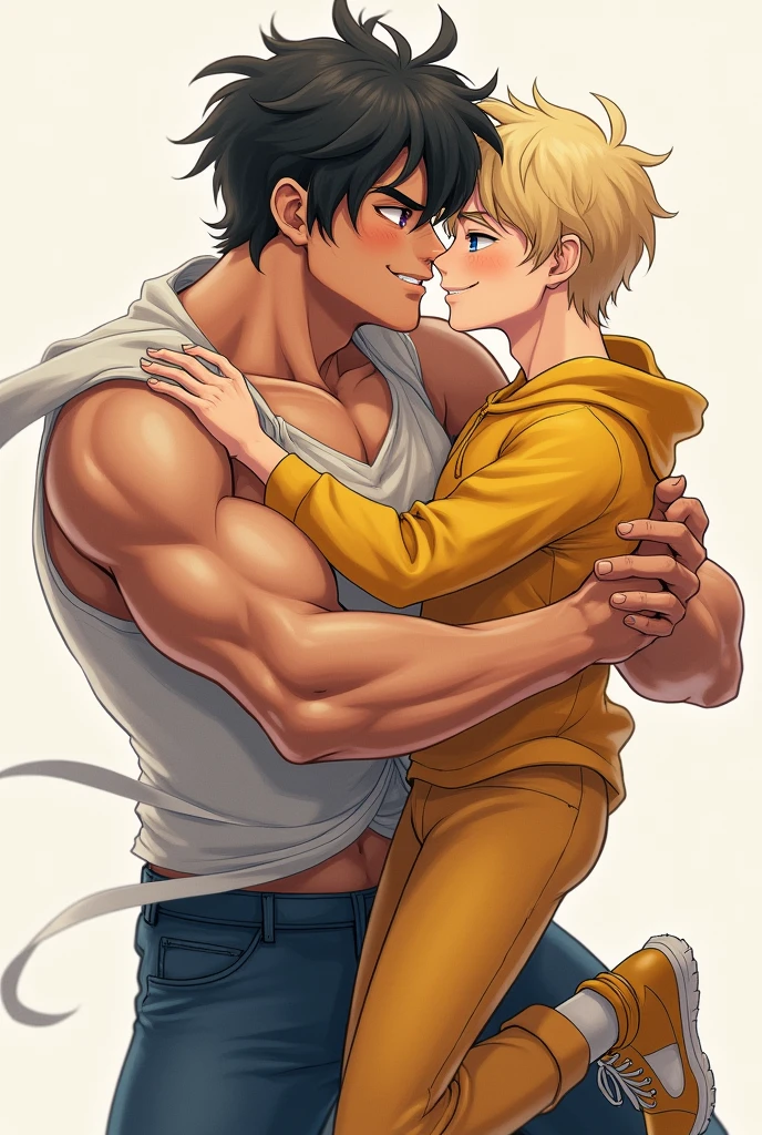 Muscular boy with black hair, shirt cut in half, blue shoes and brown eyes and blue pants and they stay talking, falls in love with a blond falco boy, yellow sweater with a happy face, yellow shoes, yellow pants, the two boys kiss passionately, the blond boy is cornered by the more muscular one, the kiss is more aggressive, the kiss is more aggressive, the kiss is even more aggressive and hot. 