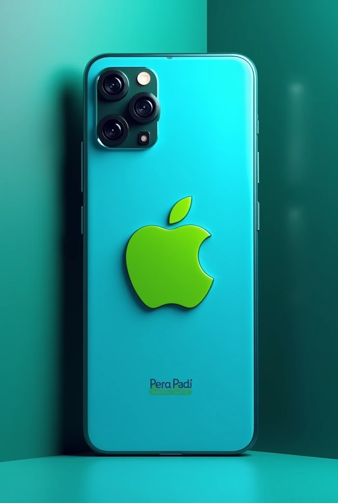 A rear view of a smartphone modeled after the A31, with a clean, rectangular design in a vibrant blue color. The focus is on the back of the phone, which prominently features a green bitten pear logo in the center, similar to the iconic Apple logo. Below the pear logo, the brand name 'Pera Pad' is displayed in a sleek, modern font. The design should include details like the camera layout typical of the A31, with the unique addition of the pear logo and branding, creating a distinctive and premium look.
