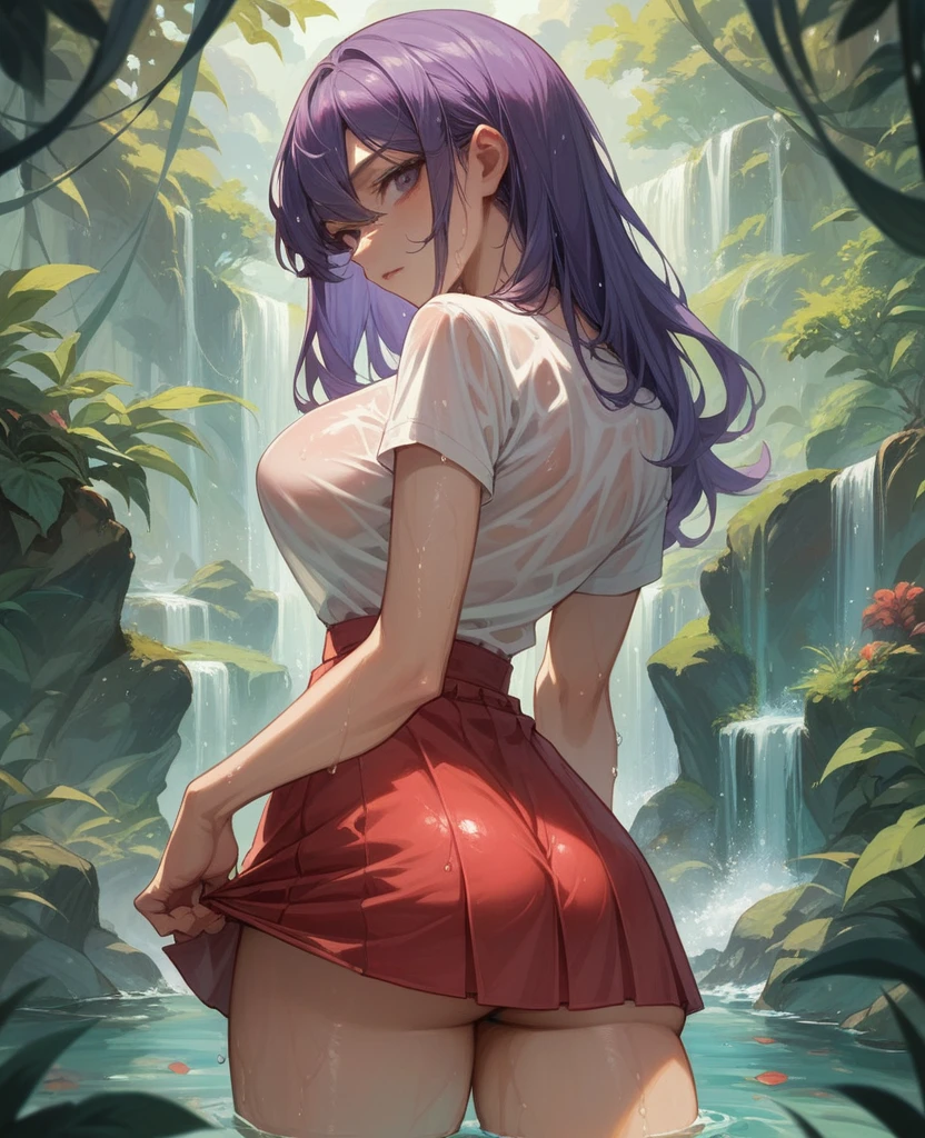 yessie.pokemon athletic body slim waist big breasts big buttocks long straight purple hair .white wet top r write in red short skirt slits on the sides 