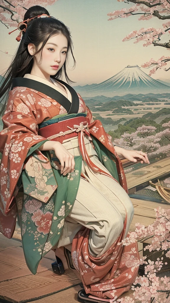 (background：Cherry blossoms on the mountain are covered with mist)((Ukiyo-e))japanese art,or period,tokyo art, lily,Natural landscape.(masseter membrane、top quality、Ukiyo-e style、mystery、Exquisite and beautiful、official art、Sharaku:1.2)、(1 japanese girl in:1.3)、(fractal art:1.3)、cowboy shooting、White skin、(beautiful brunette、kimono:1.2)、With Japanese traditional performing arts as the background、colorful、(reel、Belongs to Japanese style:1.2)、