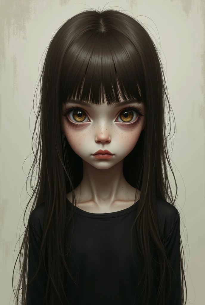 of brown long straight hair, Bangs, big brown eyes, pale skin, slim, pale skin, , child, scary, realistic, raspy lineart, black clothes