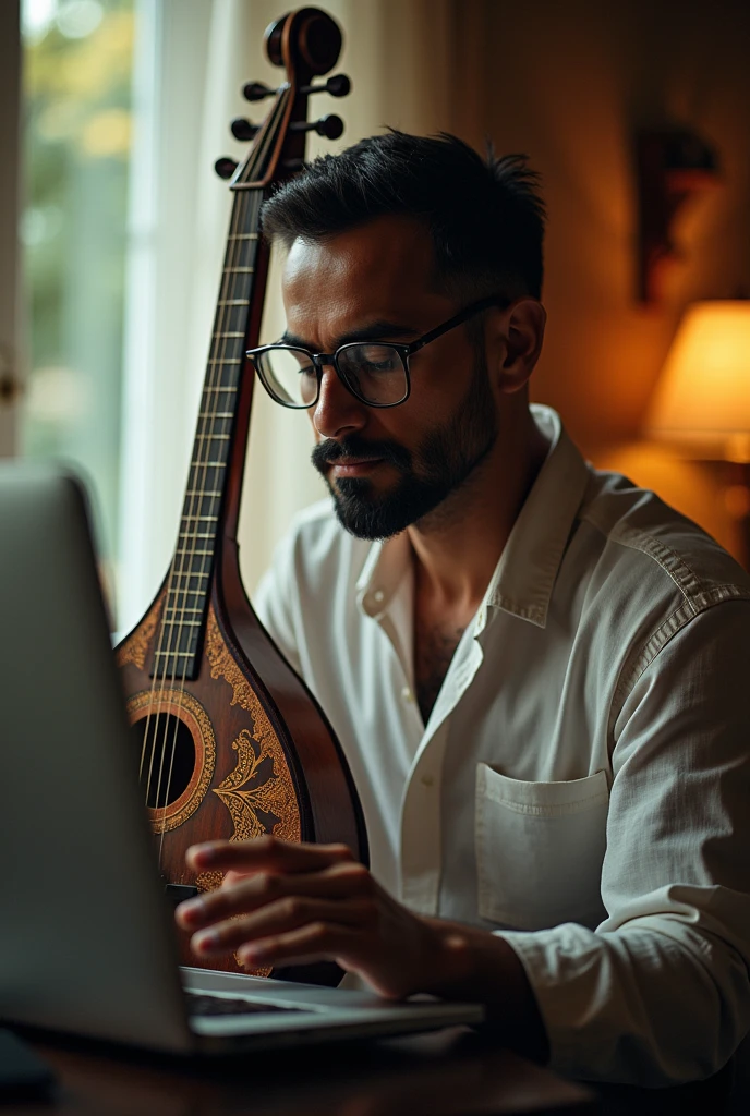 
A man has a computer in one hand a veena is on other hand