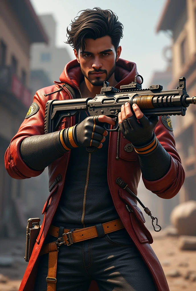 I want image of free fire player DJ Alok holding MP 40 with cobra skin And wear The Rare bundle in the game With name WOLF GAMING55