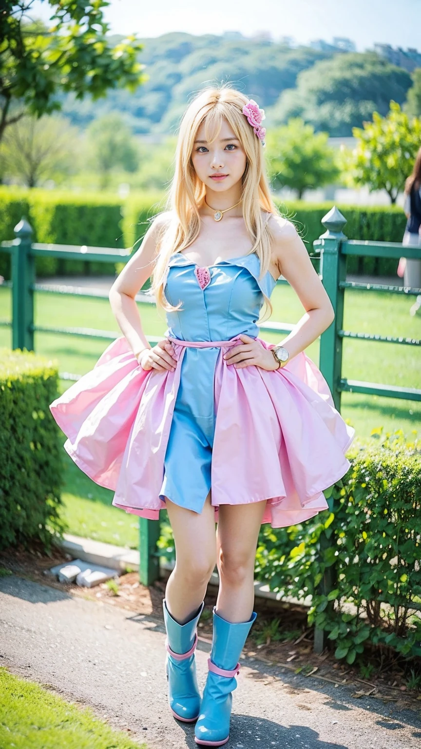 (8k、RAW Photos、Highest quality、masterpiece:1.2)、(Realistic、Realistic)、1 girl、((Blonde、Breast enlargement、garden、Pink and light blue、Thin legs、whole body、boots、View from the front、Looking into the camera、Stand with hands on hips))、cute