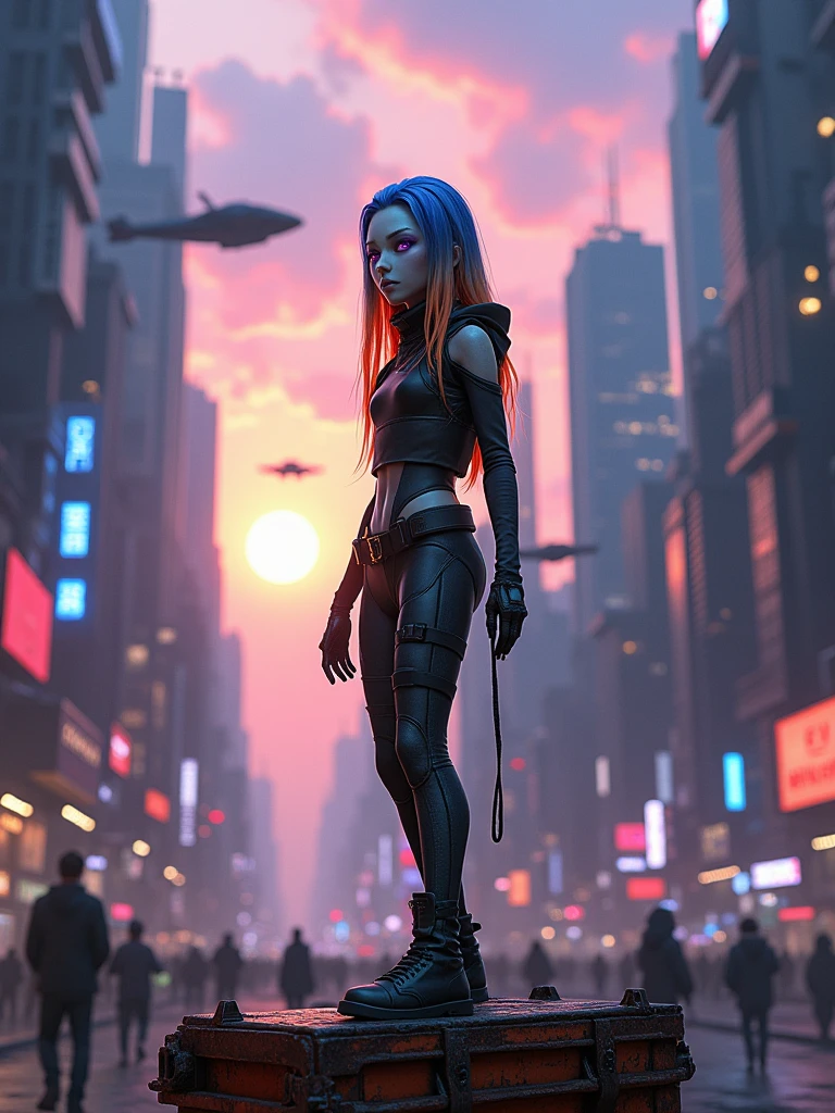 A futuristic scene in a city at dusk, right at 5 pm, with tall skyscrapers of modern architecture and neon lights that begin to illuminate the streets. Flying vehicles fly through the sky, and pedestrians in technological clothing stroll along the sidewalks. In the center of the scene, A human-like alien female is standing on a rusty yellow metal container. Despite being 60 Earth years old, In her race she looks like a 16 year old human girl. He has one purple eye and the other red., with long, straight hair that starts blue at the roots and turns orange at the tips. She is 150 cm tall.The alien wears only tactical gloves and boots, since its species breathes through the skin and should not cover it. His posture reflects confidence in this cyberpunk and slightly dystopian environment.. The camera is located 50 cm away from her and only 10 cm from the floor, Capturing the scene from a low angle that highlights the magnitude of the city behind it and its presence in the surroundings. The sky is partly cloudy, with purple and blue tones, while the city around them seems to come alive in the golden hour.