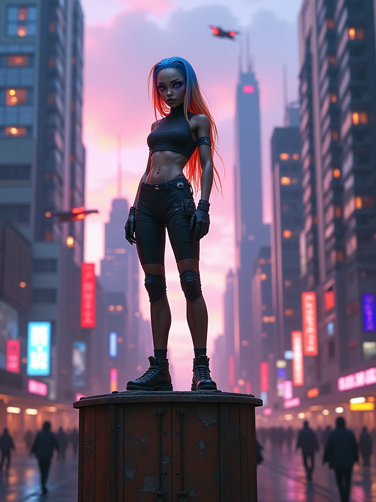A futuristic scene in a city at dusk, right at 5 pm, with tall skyscrapers of modern architecture and neon lights that begin to illuminate the streets. Flying vehicles fly through the sky, and pedestrians in technological clothing stroll along the sidewalks. In the center of the scene, A human-like alien female is standing on a rusty yellow metal container. Despite being 60 Earth years old, In her race she looks like a 16 year old human girl. He has one purple eye and the other red., with long, straight hair that starts blue at the roots and turns orange at the tips. She is 150 cm tall.The alien wears only tactical gloves and boots, since its species breathes through the skin and should not cover it. His posture reflects confidence in this cyberpunk and slightly dystopian environment.. The camera is located 50 cm away from her and only 10 cm from the floor, Capturing the scene from a low angle that highlights the magnitude of the city behind it and its presence in the surroundings. The sky is partly cloudy, with purple and blue tones, while the city around them seems to come alive in the golden hour.