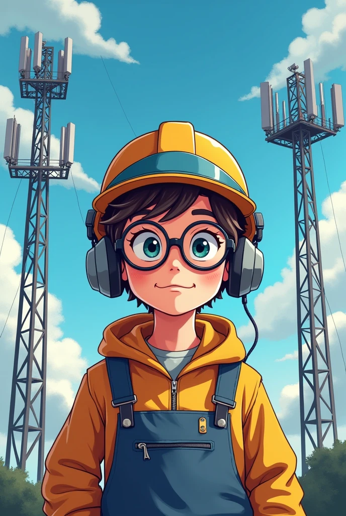 Cree une image d'un petit garcon en dessin anime,portant une lunette et un casque de protection,supposons qu'elle est un ingenieur en telecommunication,le fond de l'image est des  BTS