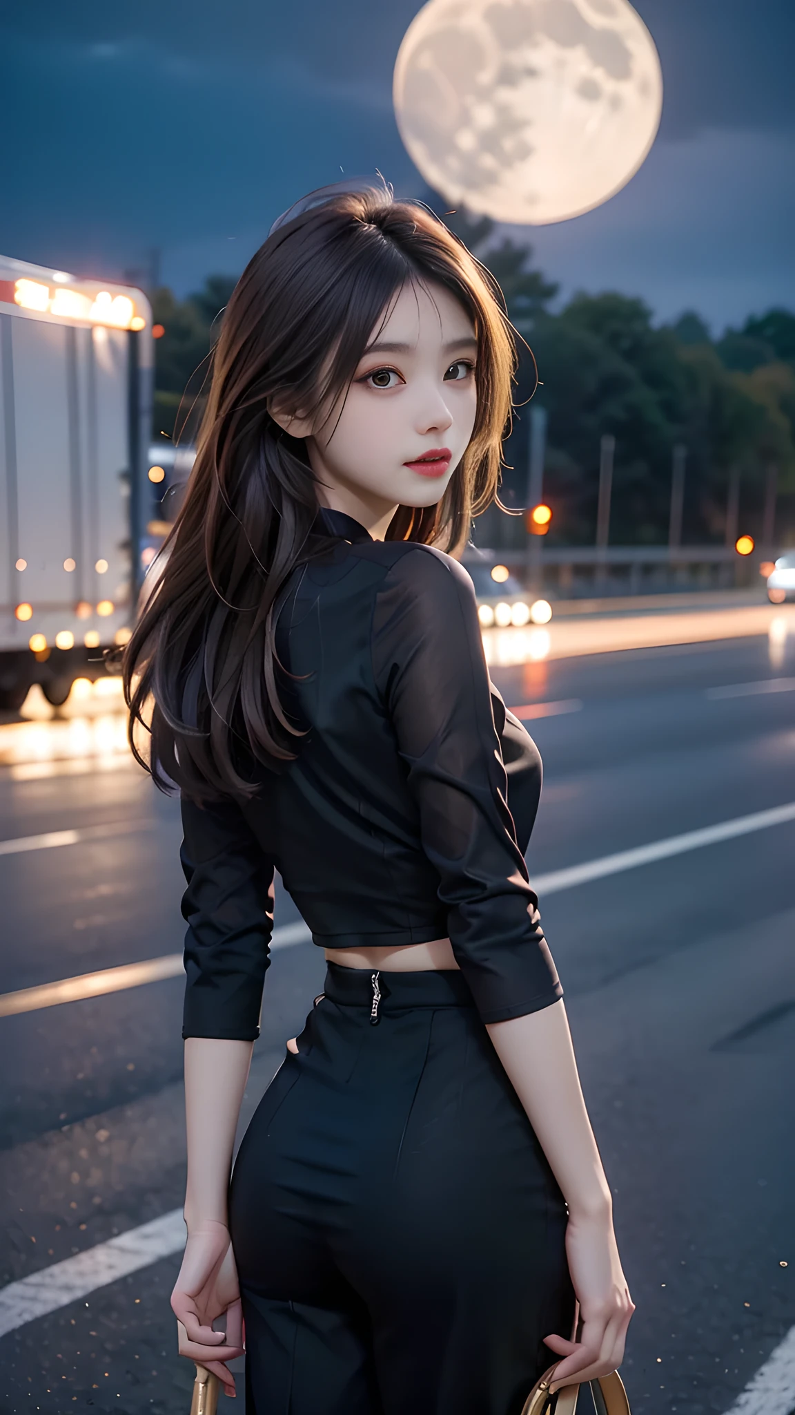 ulzzang-6500-v1.1, (RAW photo: 1.2), (Real photo), (Real photo: 1.4), 1 girl、Perfect anatomy、19 years old、Looking at the camera、((from behind)), Medium length hair, On the highway, the road is empty, the sky is at dusk and the moon and stars have begun to appear, ((on the highway: 1.1)), (clothes: 1.2), (Business service)、Asian eyes Ella,