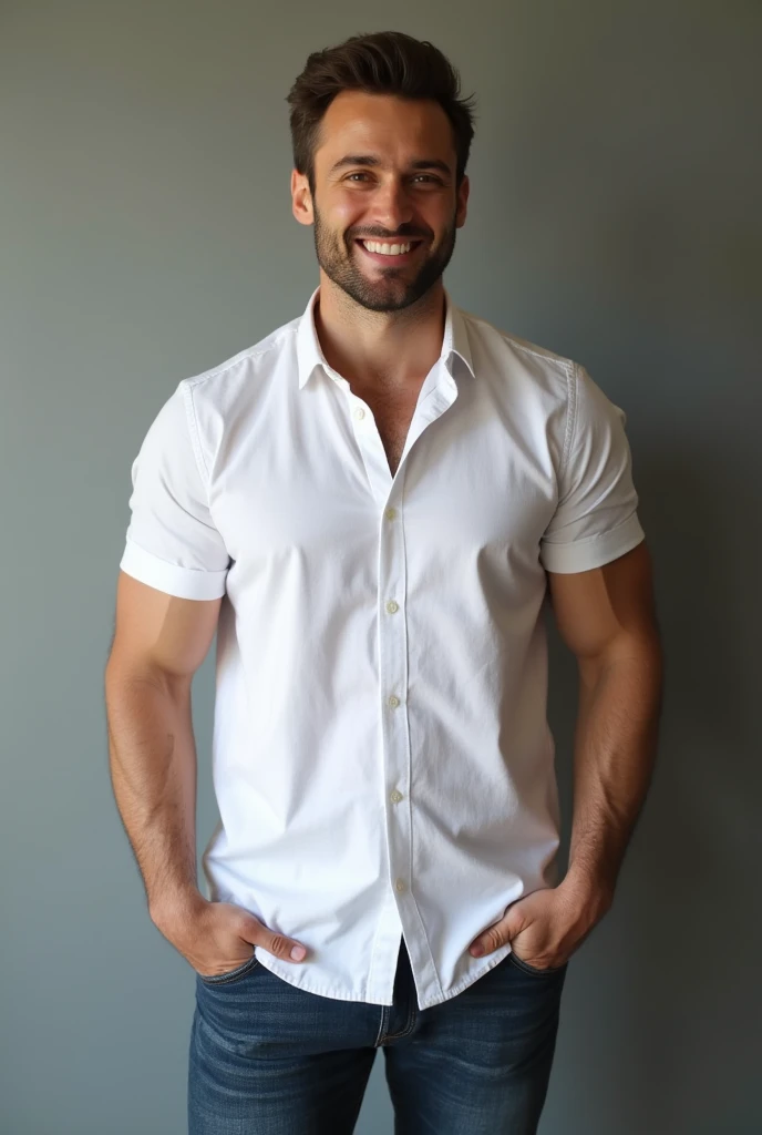 Man dressed in a white button-down shirt muscles start to grow big