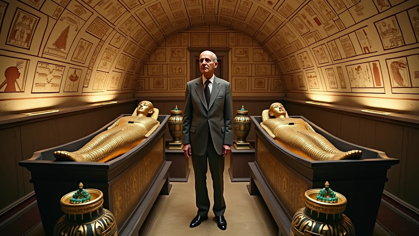 A cinematic still from a historical film, depicting the luxurious interior of a pyramid in ancient Egypt. The scene presents an elaborate room with 2 opulent sarcophagi OF ADULT MUMMIES adorned with gold inlay and intricate carvings, EGYPTIAN HIEROGRIPHS DECORATE THE WALLS, VASE WITH OFFERINGS TO THE DEAD WITH GOLD SCARVEL SYMBOLS AND EMERALDS. In the center, renowned archaeologist Howard Carter stands among the artifacts, his eyes full of wonder and discovery. The walls of the pyramid are adorned with impressive hieroglyphic murals, casting a warm and mysterious atmosphere over the entire scene., cinematic, architecture, photo