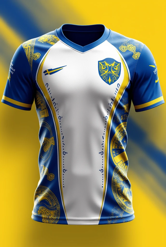 create a white swedish team shirt with vikings and blue and yellow details