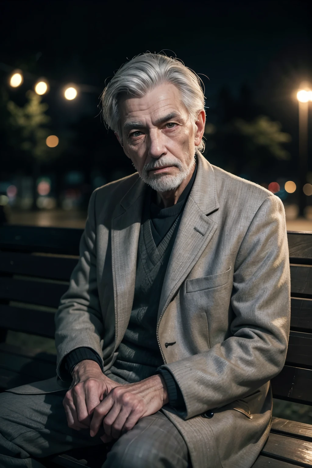 detailed elderly thin man with gray hair sitting on a park bench at night, detailed facial features, realistic clothing, highly detailed background, warm lighting, cinematic atmosphere, photorealistic, 8k, detailed texture, dramatic lighting, moody colors, atmospheric, cinematic composition