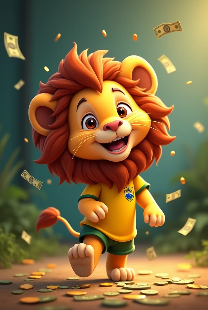 happy little lion, rain of money falling little lion with big mane, Pixar Lion, animation style, earning coins, notes on the floor, little lion jumping, happy little lion, little lion with brazilian shirt, Brazilian jersey, extremely happy little lion, even happier