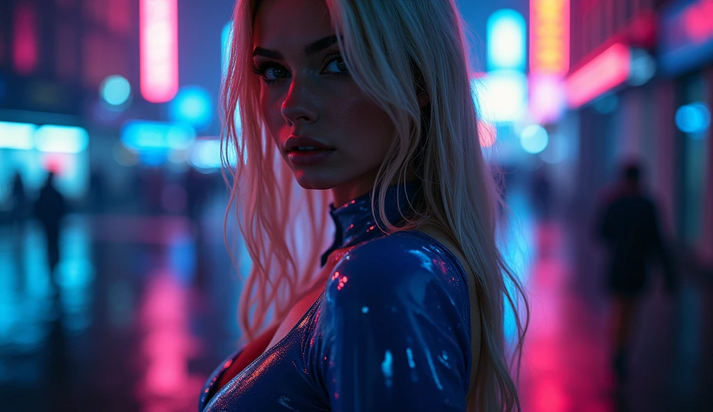 ((best quality)), ((masterpiece)), (detailed), ((background Cyber)), wet look, ((blond long Hair)), ((Intricate detailing, in the night time, Contre-Jour, random neon color, View from afar, random pose, blue latex bodysuit, face focus, hell picture, light face, big boobs)), (face brightly lit), ((full body view)), 8k