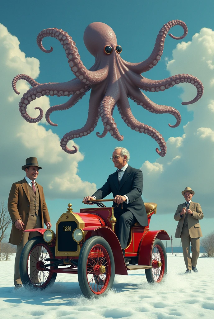 Henry Ford on a quadricycle, driving towards mormon Joseph Smith, while Gordie Howe and Miguel Cabrera laugh as a giant octopus floats in the sky on a frozen Lake Erie