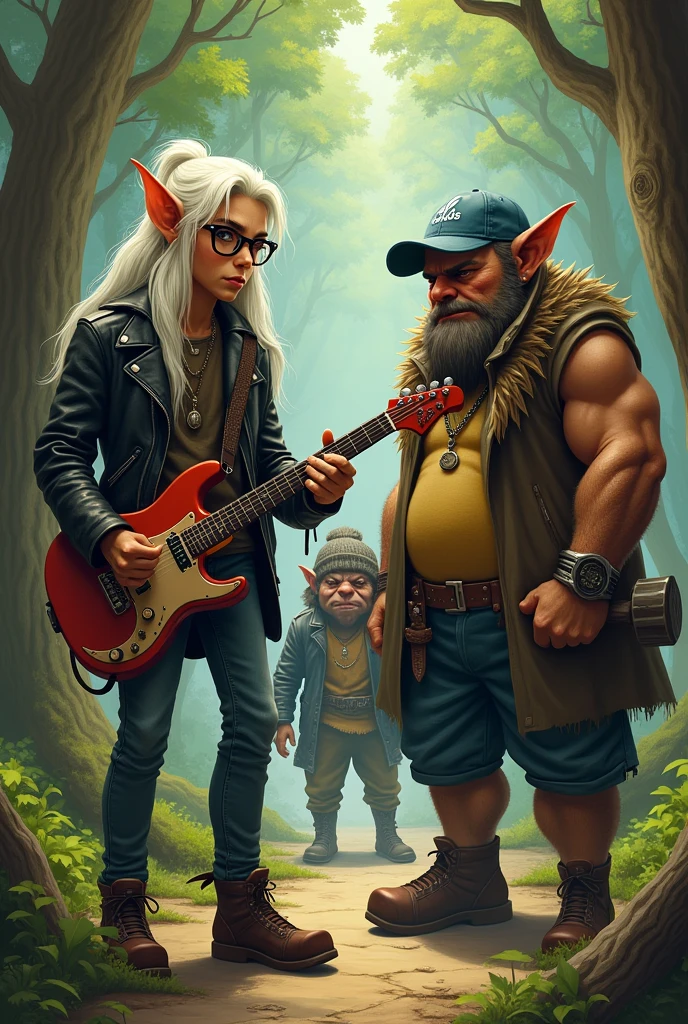 elf in a leather jacket with long hair, glasses and an electric guitar. blunt, fat goblin in adidas and a cap , who looks like a thug. healthy, a pumped up dwarf in a coat with a hammer walks through the forest