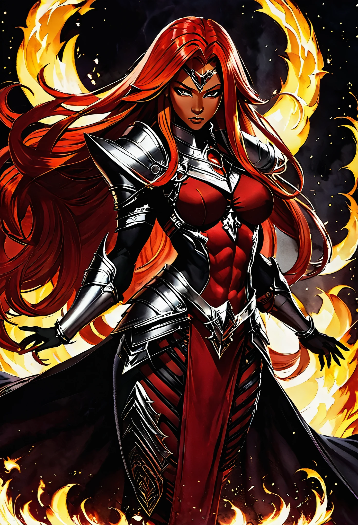 Xaldrath. she is a woman with long red flamin hair, she wears a massive red suit with armor, shes a villian, her skin colour is african race