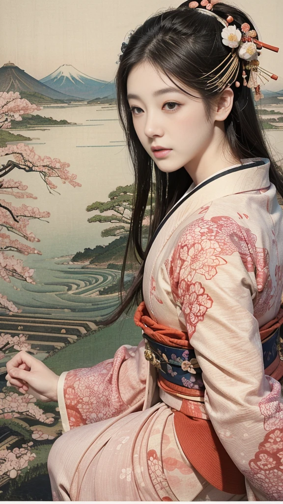 (background：Cherry blossoms on the mountain are covered with mist)((Ukiyo-e))japanese art,or period,tokyo art, lily,Natural landscape.(masseter membrane、top quality、Ukiyo-e style、mystery、Exquisite and beautiful、official art、Sharaku:1.2)、(1 japanese girl in:1.3)、(fractal art:1.3)、cowboy shooting、White skin、(beautiful brunette、kimono:1.2)、With Japanese traditional performing arts as the background、colorful、(reel、Belongs to Japanese style:1.2)、